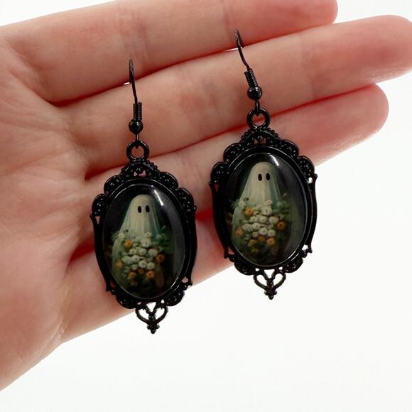 Ghost Portrait Dangle Earrings, Spooky Halloween Jewelry, Novelty Earrings - Picture 2 of 4